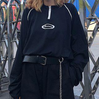 Long-sleeve Mock-neck Zip Placket T-shirt Black - One Size