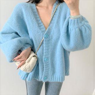 Puff-sleeve Cardigan Aqua Blue - One Size