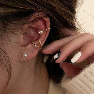 Set Of 3: Faux Pearl Stud Earring + Ear Cuff Set Of 3 - Gold - One Size