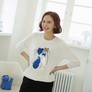 Sequin Cat Print Knit Top