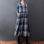 Long-sleeve Plaid Linen Midi A-line Dress