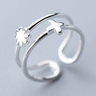 925 Sterling Silver Flower & Cross Layered Open Ring Open Ring - 925 Sterling Silver - One Size