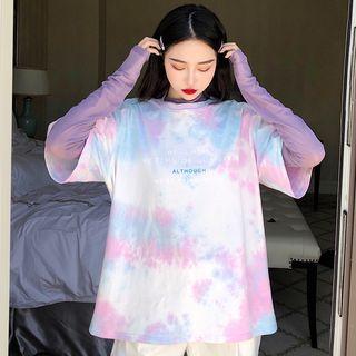 Long-sleeve Mock-neck Mesh Top / Elbow-sleeve Tie-dye T-shirt