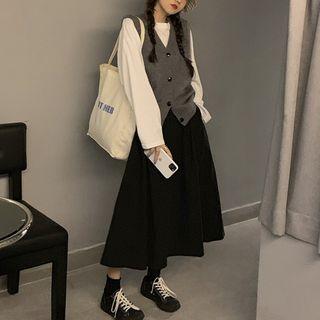 Plain Long Sleeve T-shirt / Open-front Vest / A-line Skirt