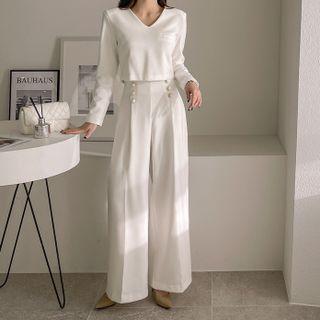 Set: Zip-back Cropped Blouse + Button-detail Wide Pants