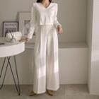 Set: Zip-back Cropped Blouse + Button-detail Wide Pants