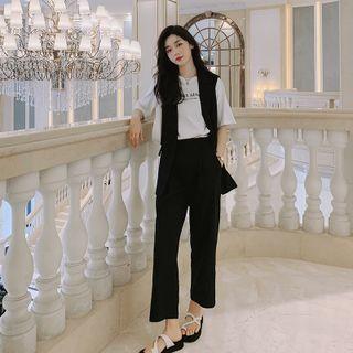 Set: Plain Button-up Vest + Straight Leg Pants