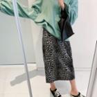 Band-waist Slit-back Leopard Skirt