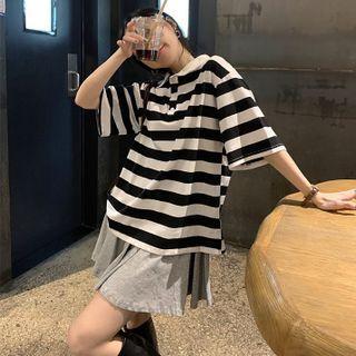 Elbow-sleeve Striped Collared T-shirt / Mini A-line Skirt