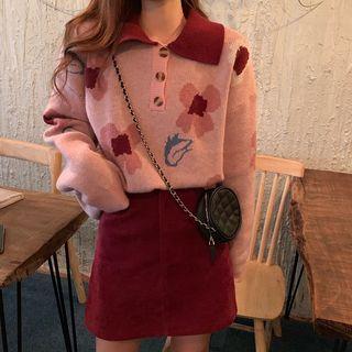 Jacquard Polo Sweater / Corduroy Mini A-line Skirt
