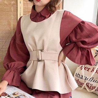 Set:plain Puff-sleeve Blouse + Plain Woolen Vest