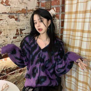 V-neck Printed Leopard Cardigan As Shown In Figure - One Size