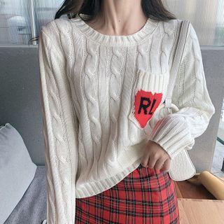 Lettering Cable Knit Sweater White - One Size