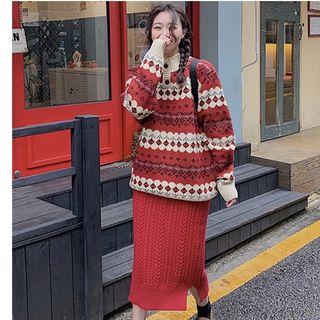 Printed Sweater / Cable-knit Midi Straight-fit Skirt
