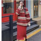 Printed Sweater / Cable-knit Midi Straight-fit Skirt