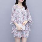 Set: Printed Flared-sleeve Blouse + Shorts