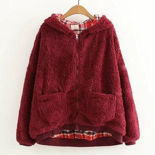 Fleece Ear-accent Hooded Zip-up Jacket