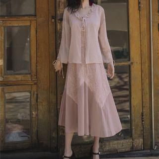 Set: Chiffon Jacket + Spaghetti Strap Midi A-line Lace Dress