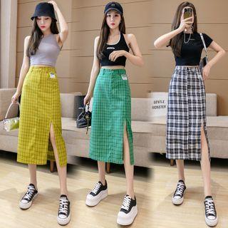 Plaid Slit-hem Midi Pencil Skirt