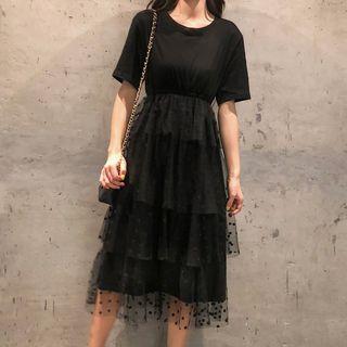 Short-sleeve Tiered Dotted Mesh Panel T-shirt Dress