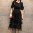 Short-sleeve Tiered Dotted Mesh Panel T-shirt Dress
