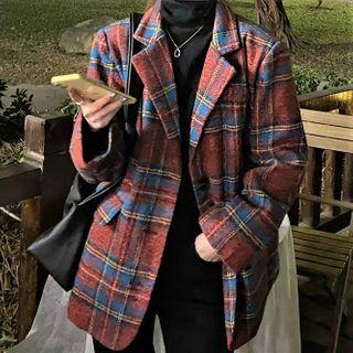 Plaid Single-breasted Blazer Plaid - Blue & Red - One Size