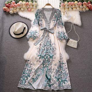 Puff-sleeve Paisley Print Midi Smock Dress
