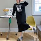 Long-sleeve Checkerboard Panel Midi T-shirt Dress