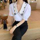 Embroidered-collar Color-block Blouse