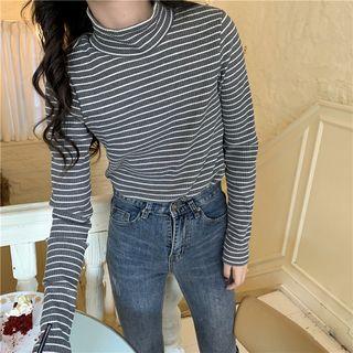Mock-turtleneck Striped Long-sleeve Ribbed T-shirt