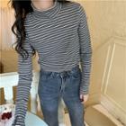 Mock-turtleneck Striped Long-sleeve Ribbed T-shirt