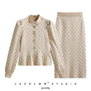 Set: Patterned Cardigan + Midi Skirt Almond - One Size