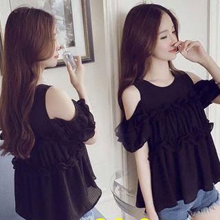 Short-sleeve Cold Shoulder Ruffle Chiffon Top