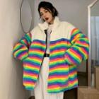 Color Block Striped Fleece Zip-up Jacket