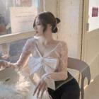 Long-sleeve Bow Lace Top Lace Top - White - One Size