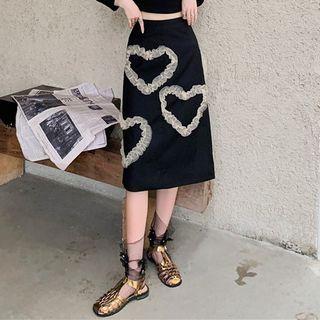 Ruched Heart Mesh Panel Slit Midi Skirt