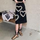 Ruched Heart Mesh Panel Slit Midi Skirt