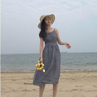 Plaid Spaghetti Strap Midi A-line Dress