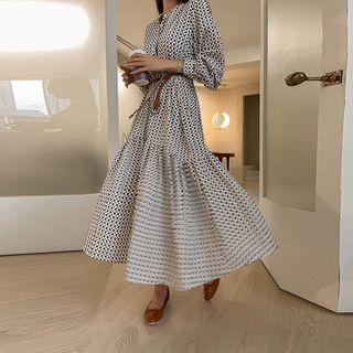 Shirred Patterned Maxi Dress With Belt