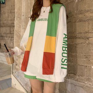 Hooded Layered Lettering Long-sleeve Loose-fit Top