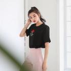 Floral Embroidered Lettering Cotton T-shirt