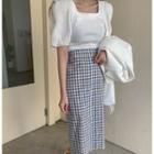 Short-sleeve Square-neck Top / Plaid Mini Skirt