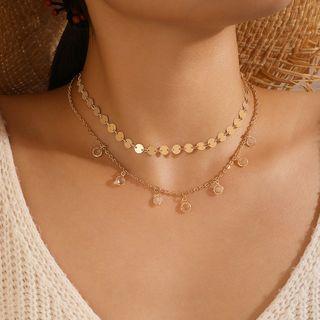 Disc & Faux Crystal Layered Alloy Necklace 15807 - 1 Pc - Gold - One Size