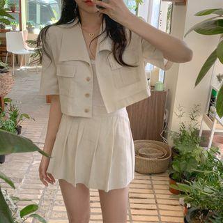 Set: Short-sleeve Crop Shirt + Pleated Mini Skirt