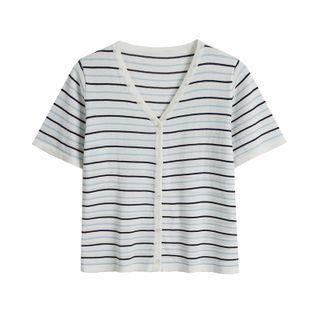 V-neck Striped Short Sleeve Cardigan