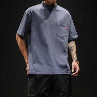 Elbow-sleeve Mock Neck Pocket T-shirt