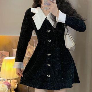 Long-sleeve Contrast Collar Single-breasted Velvet Mini Dress