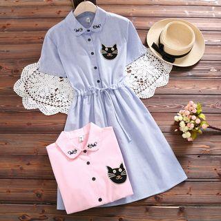 Short-sleeve Striped Cat Embroidered Shirt Dress