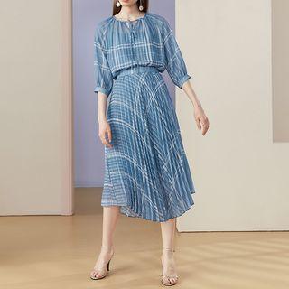 Set: Camisole + Plaid Elbow-sleeve Blouse