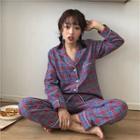 Set:color-block Plaid Long-sleeve Top + High-waist Pants